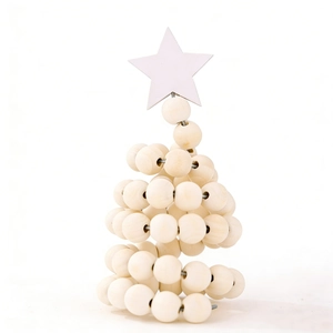 Modern wooden bead Christmas tree tabletop ornament with a top star on a white background