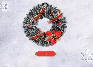 Close-up of 40cm Christmas wreath with red bows, poinsettia flowers and snowy pine needles