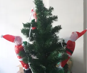 Detailed view of plush Santa Claus figures climbing on white rope for holiday decoration