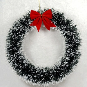 30cm Christmas wreath with green white tinsel and large red velvet bow door decoration