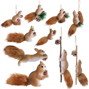 Cute squirrel Christmas tree hanging ornaments with fluffy tails and pinecone accents