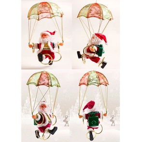 Père Noël électrique rotatif avec parachute présenté sous quatre angles divers