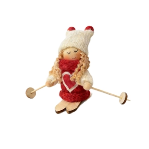 Handcrafted wooden skiing girl doll hanging ornament with red knit sweater for Christmas
