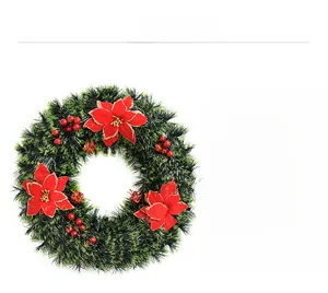 Detail of 40cm Christmas wreath with red poinsettias, berries, and mini gift boxes
