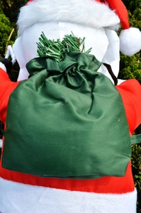 Close-up of a dark green drawstring canvas bag filled with pine needles on Santa Claus