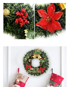 Detail view of 40cm Christmas wreath with red poinsettia berries and golden bells