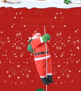 Babbo Natale da 50cm che si arrampica su una corda con sacco regalo su sfondo rosso