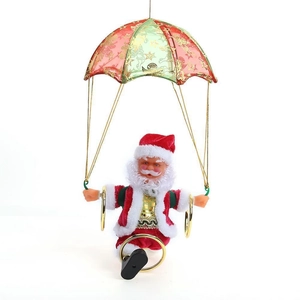 Père Noël électrique avec parachute coloré et motifs dorés sur fond blanc pur