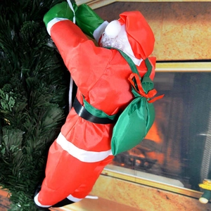 Père Noël grimpeur en costume rouge classique avec sac cadeau vert pour décoration