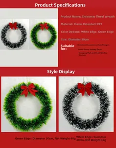 Detail of 30cm flame-retardant PET Christmas wreath with red bow and lush green-white tinsel