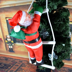Père Noël de 50cm grimpant sur une échelle de corde blanche pour décoration de sapin