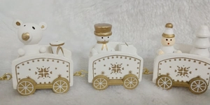 Detail of wooden 5-section Christmas train set with bear and snowman in white and gold
