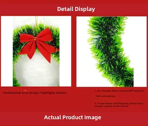 Detail of 30cm green tinsel Christmas garland with red bow and flame-retardant PET texture