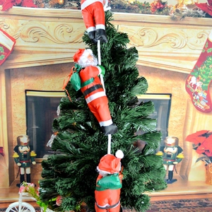 Three climbing Santa Claus dolls on rope with gift bags for Christmas tree decoration