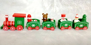Detailed view of a 5-section wooden Christmas train with Santa and snowman figures