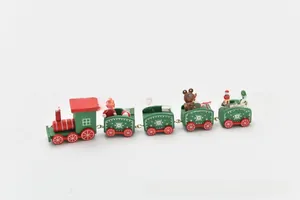 Detailed close-up of a 5-section wooden Christmas train with Santa and snowman figures
