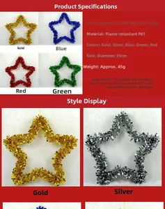 Detail view of 35cm star-shaped Christmas tinsel wreaths in various metallic colors