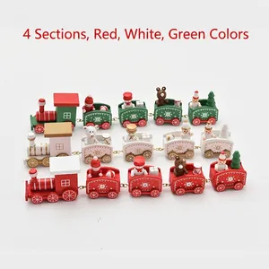 Miniature wooden Christmas train set with festive figurines in red white and green colors