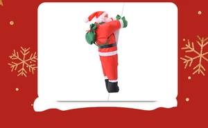 Dettaglio di Babbo Natale da 50 cm che si arrampica sulla corda con sacco di regali