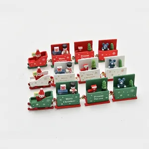 Set of 3 creative Christmas wooden miniature trains in red, white and green festive colors