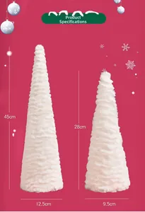 Detailed size comparison of two white plush cone Christmas trees in 45cm and 28cm sizes