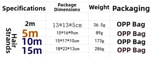 Detailed size chart for festive tinsel garlands showing weights and dimensions by length