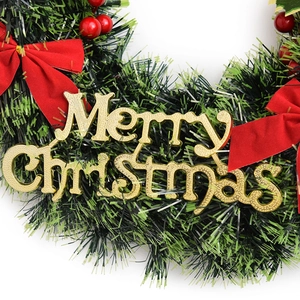 Artificial 40cm Christmas wreath with red bow, berries and gold Merry Christmas sign