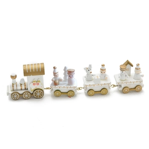 4-section wooden Christmas train set with festive figurines in white and gold finish