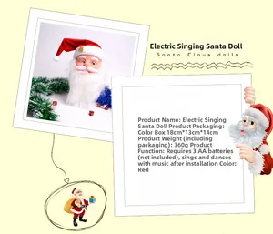 Macro detail of singing electric Santa Claus head toy with packaging dimensions and features
