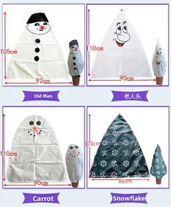 Detailed views of non-woven Christmas tree covers in snowman and Santa motifs