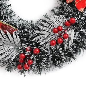 40cm Artificial Christmas Wreath with Red Berries, Silver Leaves and Festive Red Bow