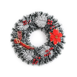 Traditional 40cm Christmas wreath with red poinsettia flowers, berries and snowy pine needles
