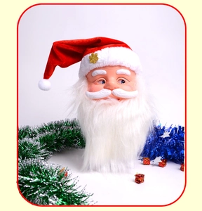 Detailed view of musical Santa Claus head toy with red hat and white beard decoration