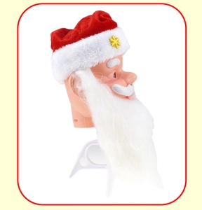 Detail view of singing Santa Claus mask with red velvet hat and white fiber beard