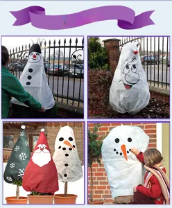 Outdoor winter plant cover featuring festive snowman and Santa motifs for garden protection