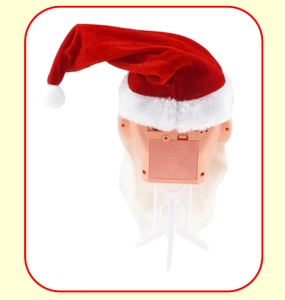 Detailed back view of singing Santa toy showing battery compartment and safety screw