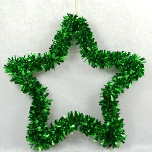 Green tinsel star-shaped Christmas wreath decoration for holiday home door hanging