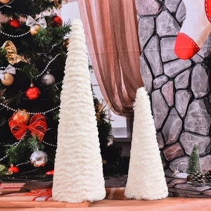 White Plush Snowflake Christmas Tree Desktop Ornament For Home Holiday Decoration Modern Faux Fur Cone Tabletop Decor