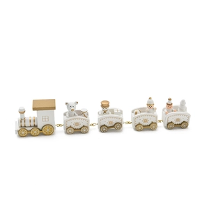 Five-section white and gold wooden Christmas train set with polar bear and snowman figurines