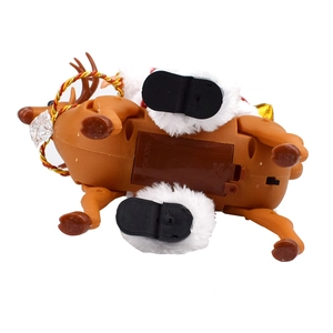 Detail view of the battery compartment and base construction on a musical Santa reindeer toy