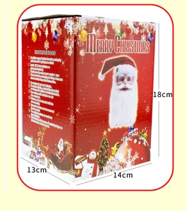 Detail view of the red Christmas gift box with Santa motif and 18cm height dimensions