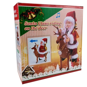 Retail packaging of musical electric Santa Claus riding a deer toy with assembly guide