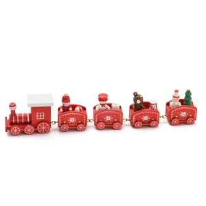 Five-section wooden Christmas train decor with snowman and bear on white background
