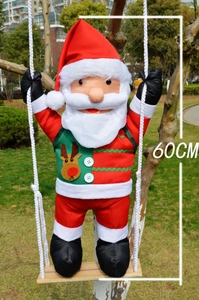 60cm Santa Claus hanging ornament on a wooden swing with reindeer embroidery detail