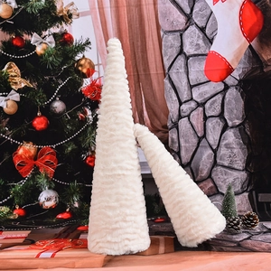 Set of two white faux fur cone Christmas trees for modern festive tabletop decoration