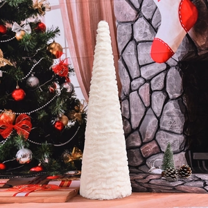 White plush conical Christmas tree tabletop ornament with soft faux fur pleated texture