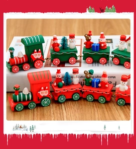 Detailed view of 4-piece wooden Christmas train ornaments with Santa and snowman figures
