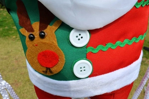 Detail of Christmas reindeer embroidery on red and green fabric with white buttons