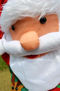 Close-up of Santa Claus doll with plush beard and reindeer pattern festive garment