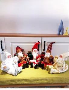 Detail of five sitting plush Santa Claus figurines with festive gift bags and trees